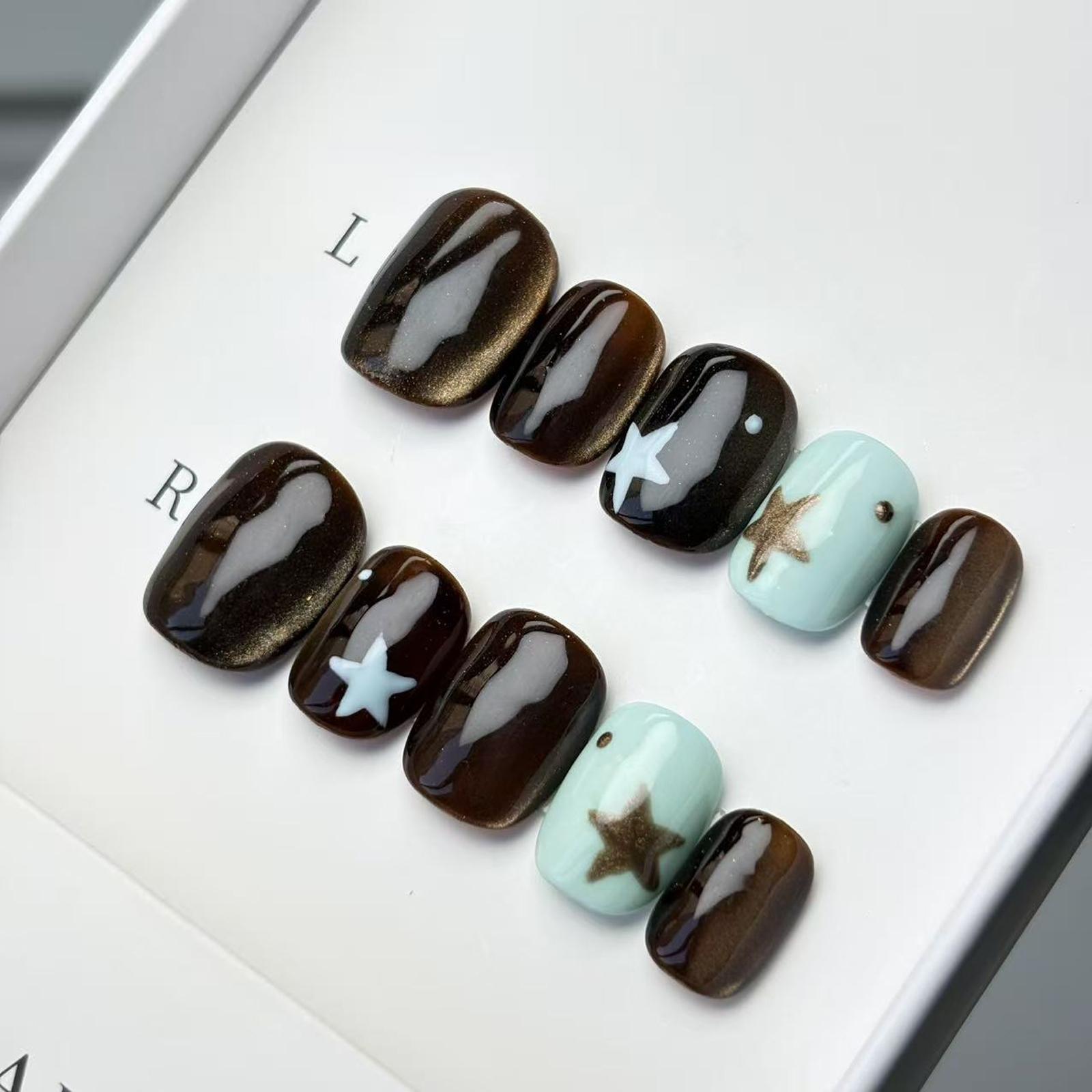 Luxury Nail Freedom! Coffee Cat Eye Star Press On Fake Nails, Get Baddie Nails In 5 Mins, No Salon Needed