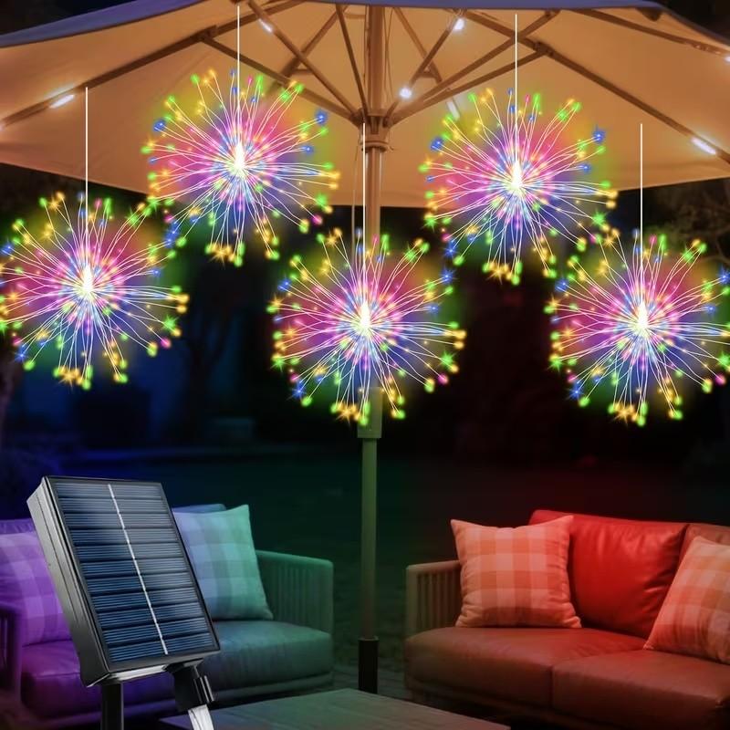 Smart Solar Hanging Firework Lights, 5-Piece Set, 8 Modes with Remote Control, Copper Wire Lanterns, Garden Decor, Celebrations, Weddings
