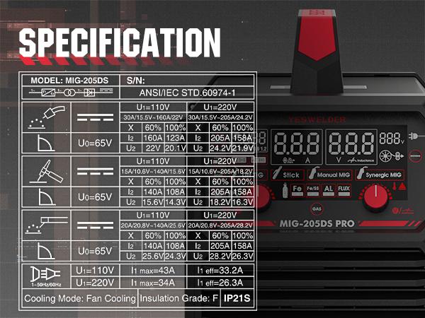 YESWELDER MIG-205DS-PRO Aluminum MIG Welder 205Amp | Synergic Control, 110/220V Dual Volts & Large LED Display | Gas/Flux Core/Spool Gun/Lift TIG/Stick Multiprocess Welding Machine YESWELDER MIG-205DS-PRO Aluminum MIG Welder 205Amp | Synergic Control, 110/220V Dual Volts & Large LED Display | Gas/Flux Core/Spool Gun/Lift TIG/Stick Multiprocess Welding Machine