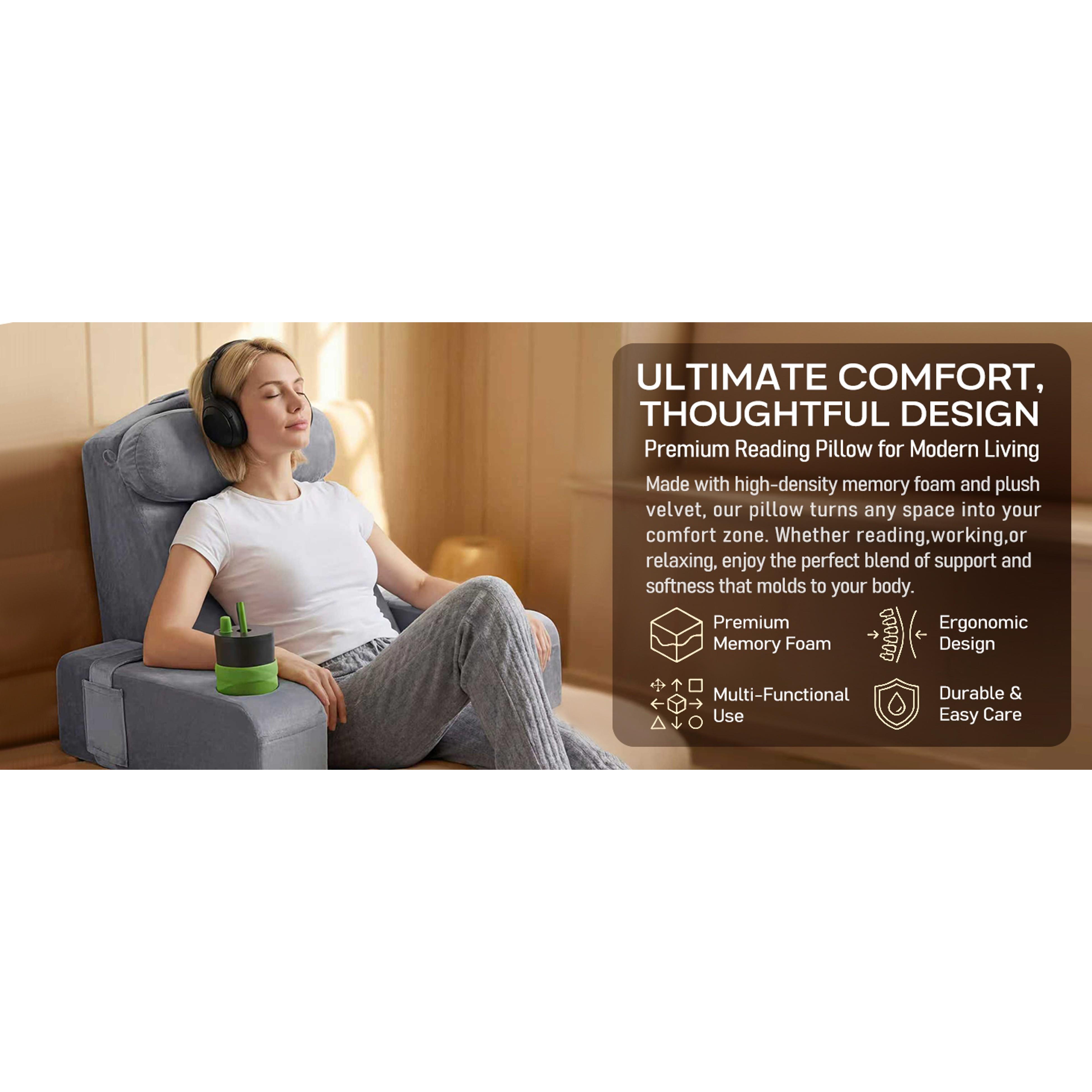 21 INCH Reading Pillow for Adults, Back Pillow for Bed Sitting Up, Backrest Pillow for Sitting in Bed, Detachable Arms with Built-in Cup & Phone Caddy (Gray, 21 INCH)