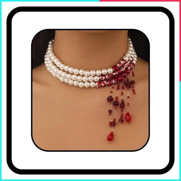 Gothic Bloody Pearl Necklace for Women, Punk Blood Tassel Vampire Choker, Halloween Costume Jewelry
