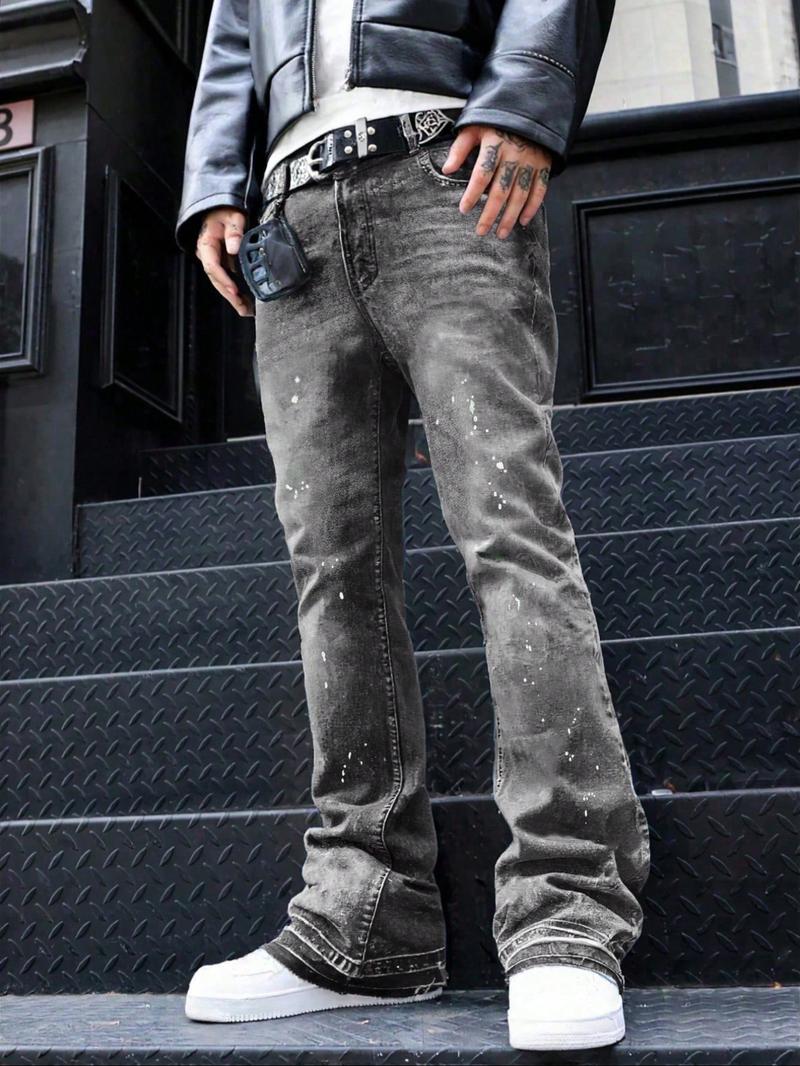 Men's High-End Casual Loose Fit Jeans, All Seasons Button Fly Zipper Micro Flare Pants, Plain Washed Denim Bottoms