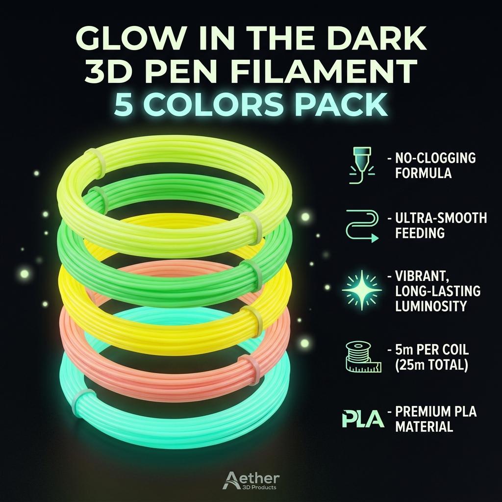 Glowing 3D Printing Filament Kit 5 Colors X 5m, 1.75mm Universal Replacement, Suitable for Kids and Adults Small Creations