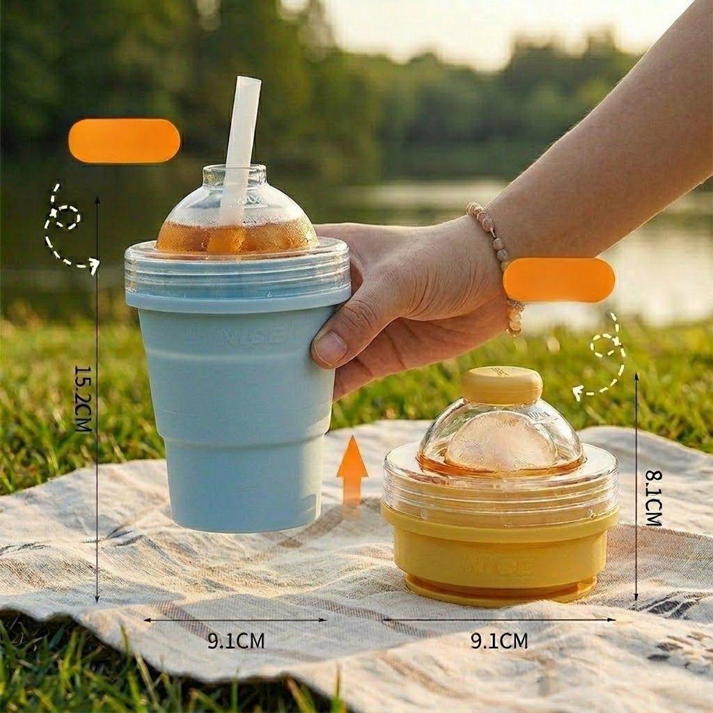 Food-grade silicone folding ice ball cup - dual-purpose ice water drinking cup. Two-in-one functional summer portable water cup with a straw.