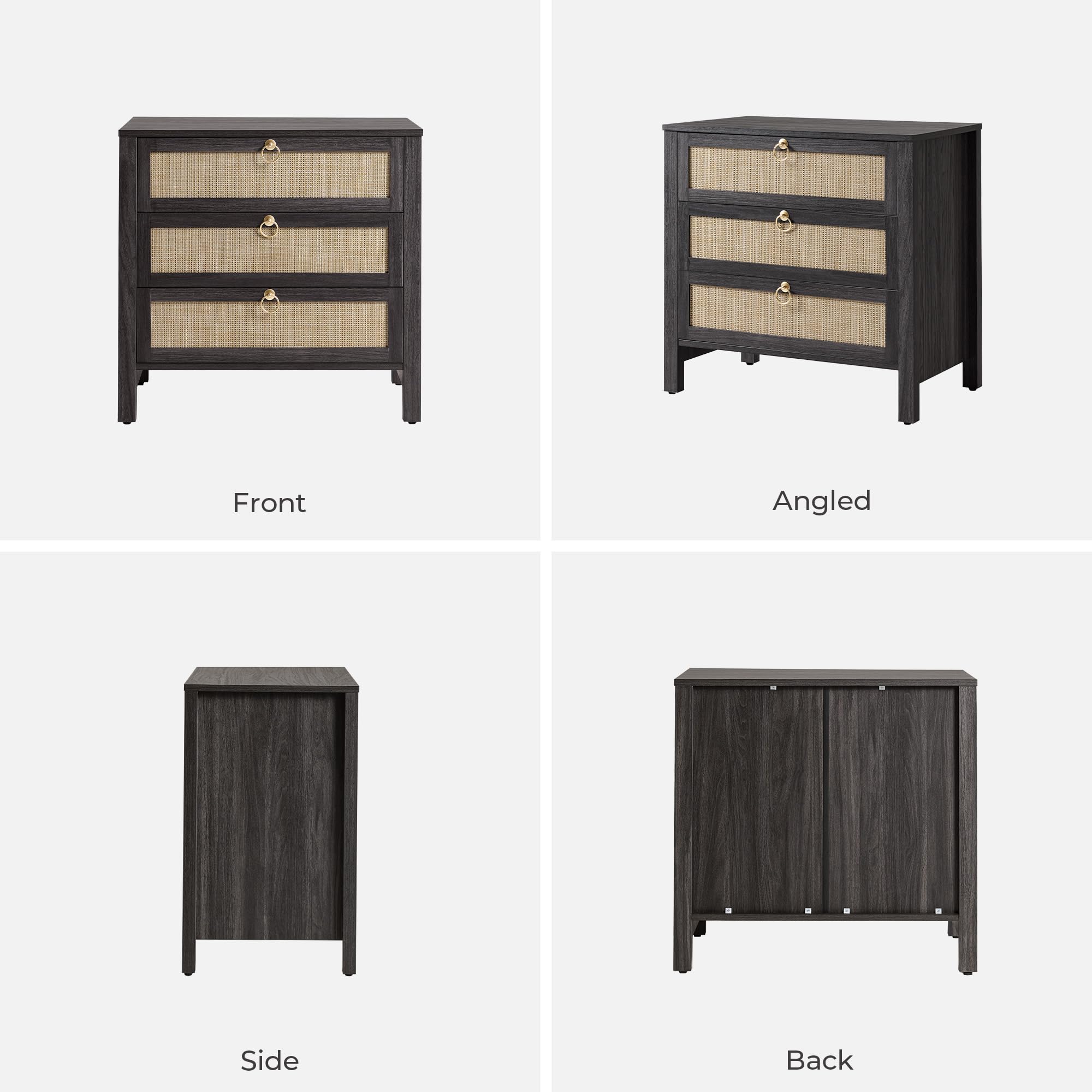 SICOTAS White Night Stand with Drawers - 15.55"D x 26.78"W x 25.67"H Rattan Bedside Table with Golden Handle, 3 Drawers Nightstand Side Table Boho Nightstand for Bedroom, Perfect for Any Bedroom, Durable and Stable