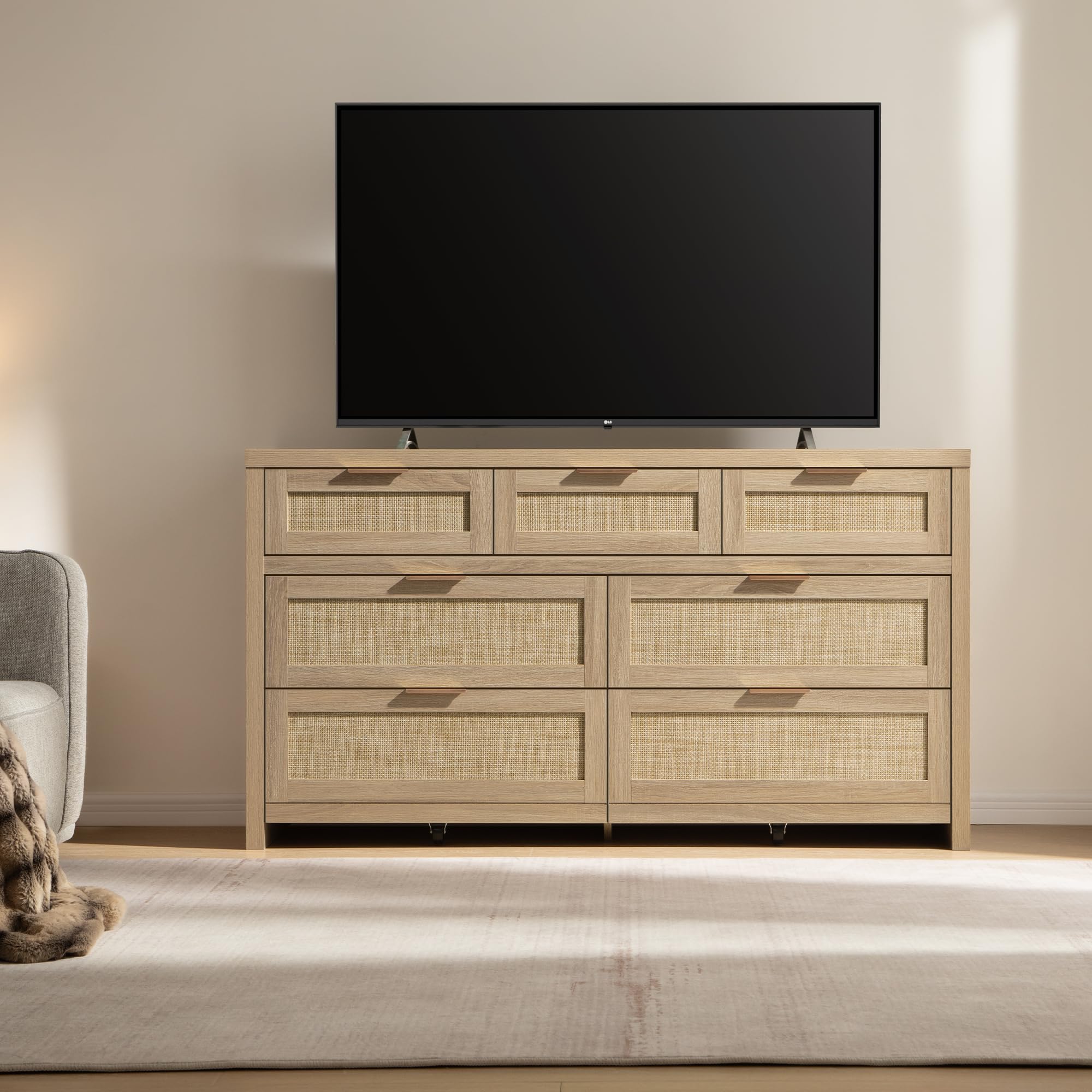 SICOTAS Rattan Dresser for Bedroom, 17.7" x 56.9" x 31.3" Size 6 Drawer Dresser with Ample Storage,Unique Engineered Wood Dressers Large Chest of Drawers for Nursery, Closet, Boho TV Stand for Bedroom, Sturdy and Durable, Easy Installation