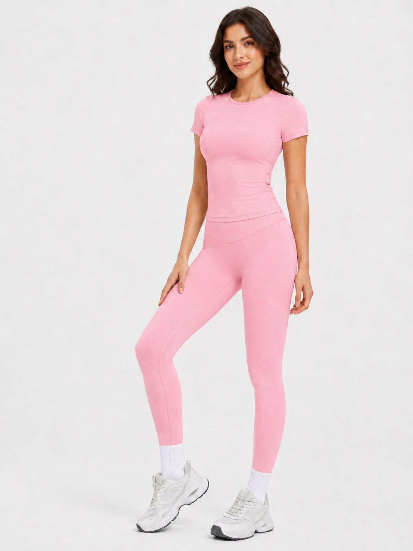 Women's 2-Piece Athletic Workout Set, Short-Sleeve Round-Neck Slim-Fit Crop Tee & High-Rise V-Front Yoga Leggings, Casual Running Gym Activewear Yoga Sportswear Set for Daily Wear