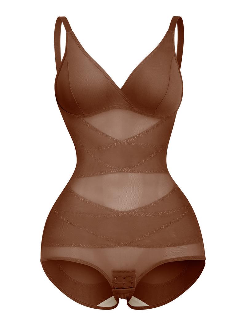 Women's Solid Sheer Contrast Mesh Padded Shapewear Bodysuit, Deep V Neck High Stretch Butt Lift Tummy Control Shapewear Cami Bodysuit, Women's Shapewear