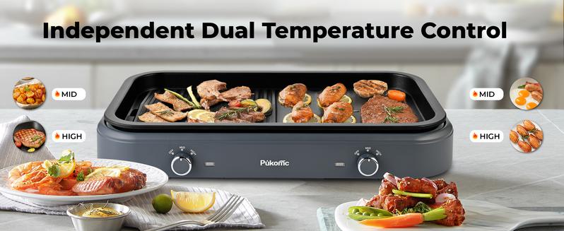 Pukomc 2-in-1 Electric Grill: Reversible non-stick grill/griddle, adjustable temp, detachable & dishwasher-safe. 1500W, stainless steel, drip tray, separate temp control.