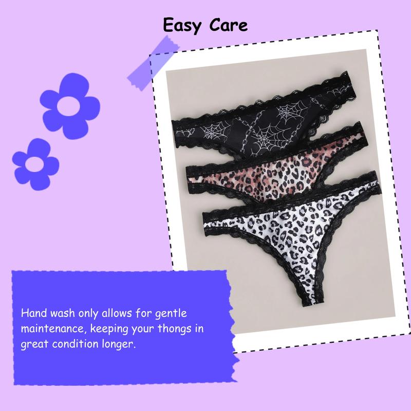 3-Pack Sexy Lace Trim Low Waist Thongs, Unique Butterfly Chain Print for Halloween, Comfortable Fitted Women's Underwear, Trim Lace Panty