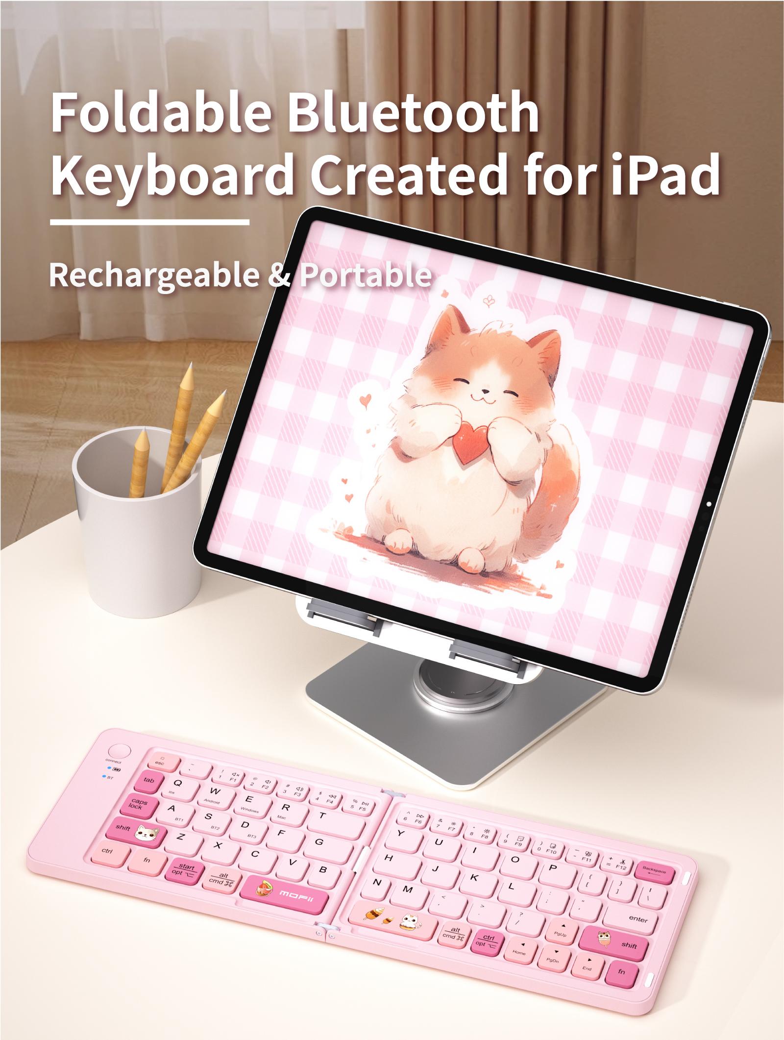 MOFii 1 Pc Z1 Pink Cat Foldable Bluetooth Keyboard, Rechargeable Portable Office Keyboard, Cute iPad Tablet Essential for Girls, US Qwerty