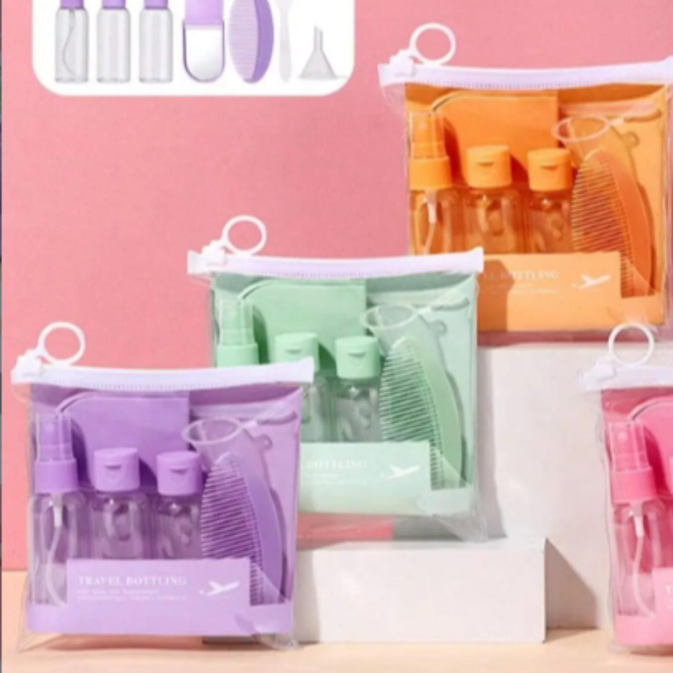 7-Piece Travel Essentials Set, Includes Empty Bottles & Spray Bottle, Portable Makeup Mirror & Comb Kit, Ideal for Trips, Travel Containers