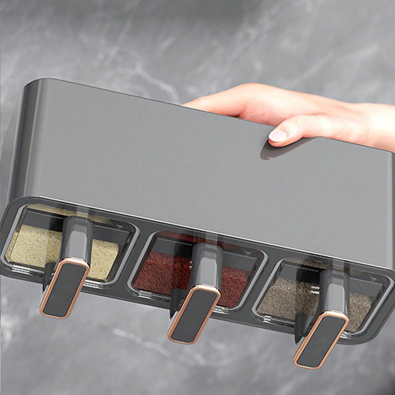 1pc Kitchen Spice Box with Spoon, Adjustable Storage Container, Wall-Mounted Sealed Seasoning Set, Multi-Functional Organizer