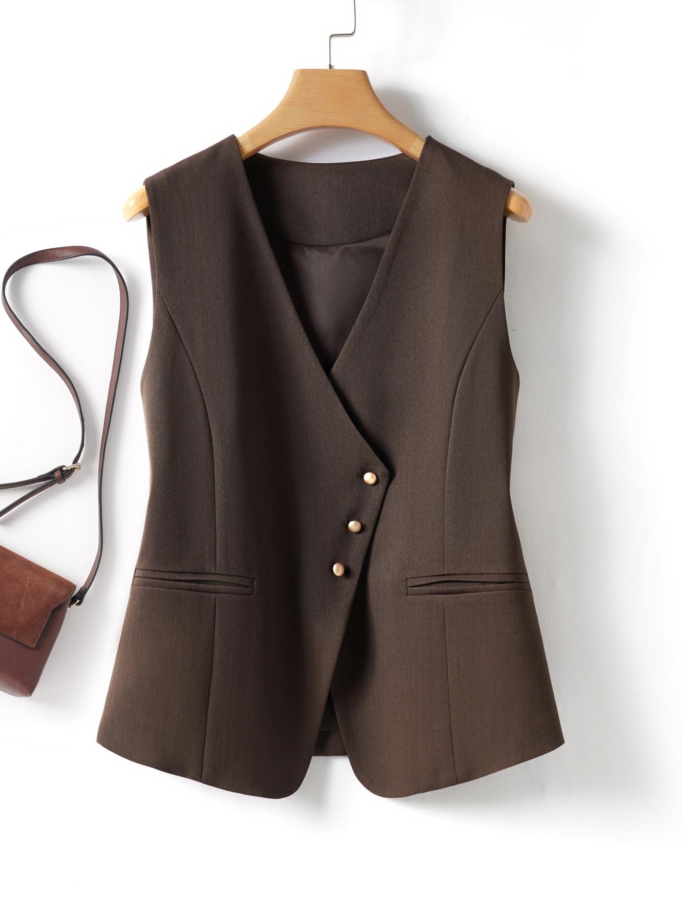 Minimalist Women's Basic Solid Color Fitted Asymmetric Button-Front Blazer Vest, Elegant Chic V-Neck Sleeveless Outerwear, Spring & Fall Work Office Clothes Business Vest