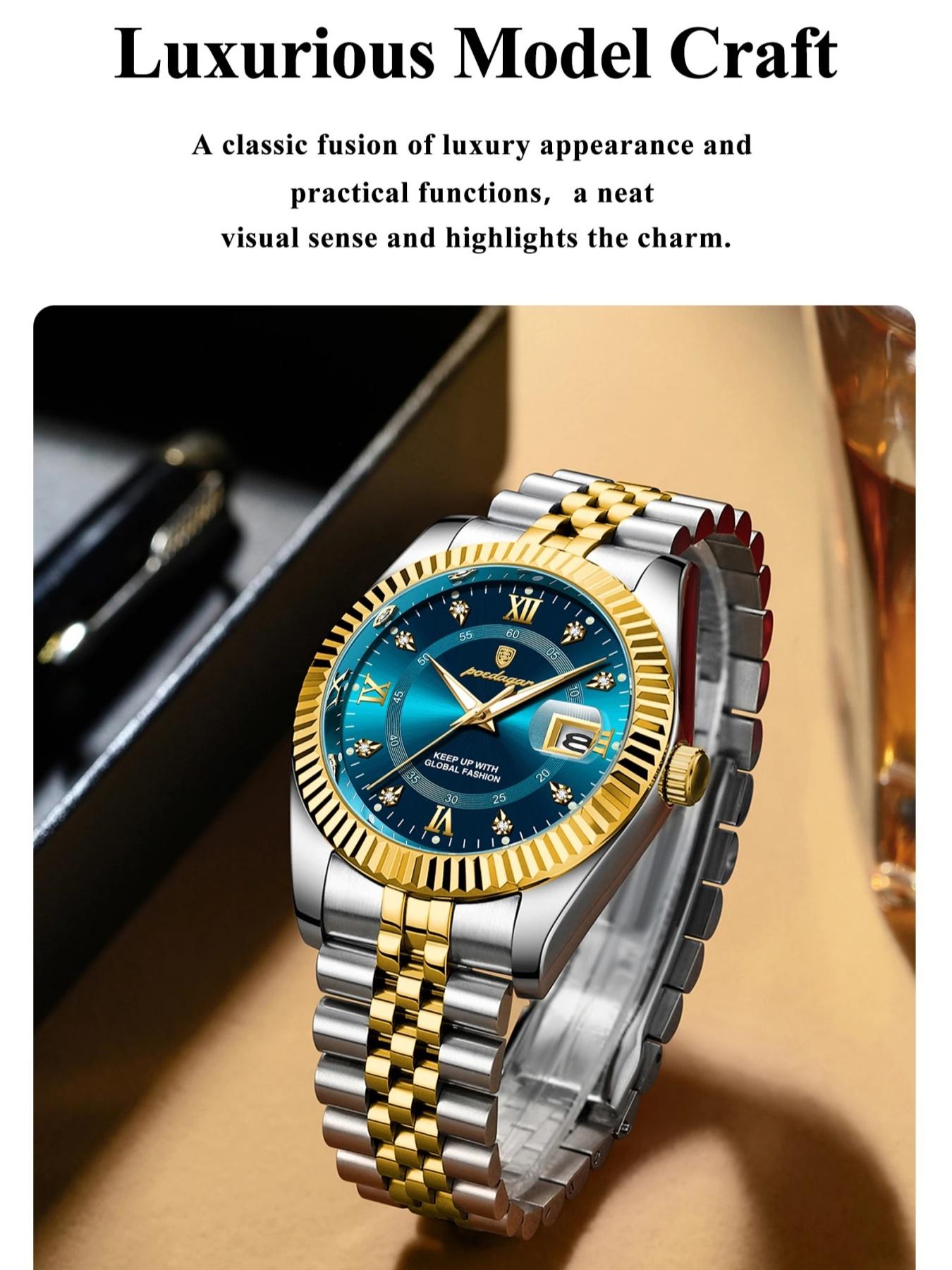 POEDAGAR Men's Quartz Analog Watch Waterproof Date Week Night Light Watch Stainless Steel Men's Watch Men's Clock Sport Reloj