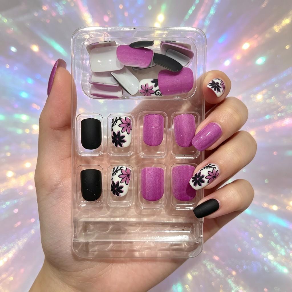 Handmade False Nails, 24-Piece Set, French Floral Design with and, Romantic and Elegant, Perfect for Daily Use and Special Occasions