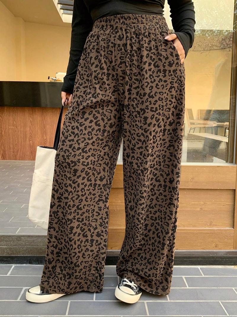 Women's Casual Leopard Print Elastic Waist Corduroy Loose Fit Pants, Comfortable and Stylish, Perfect for Daily Wear,All Season, Back To School Clothes Fall