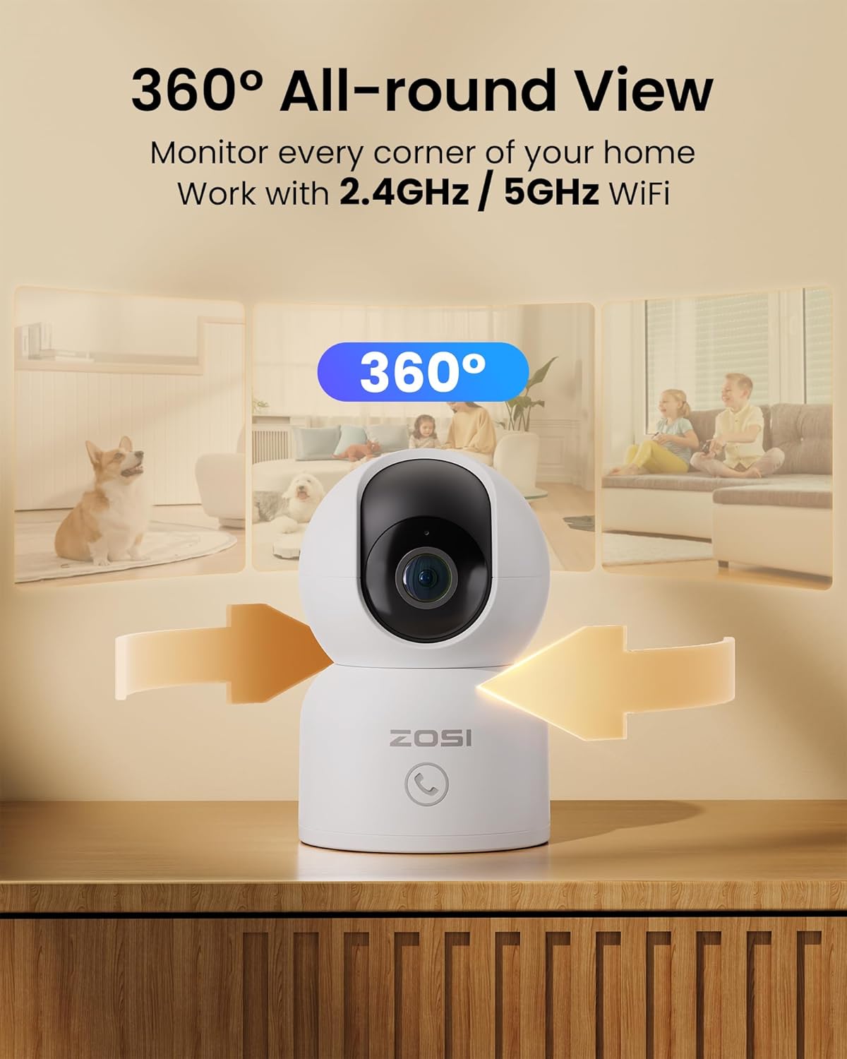 ZOSI 3MP Security Camera Indoor,Nanny/Pet Cam,Supports both 2.4G/5G WiFi,Pan&Tilt,Remote Access and Control from Phone App(Not Battery Camera)
