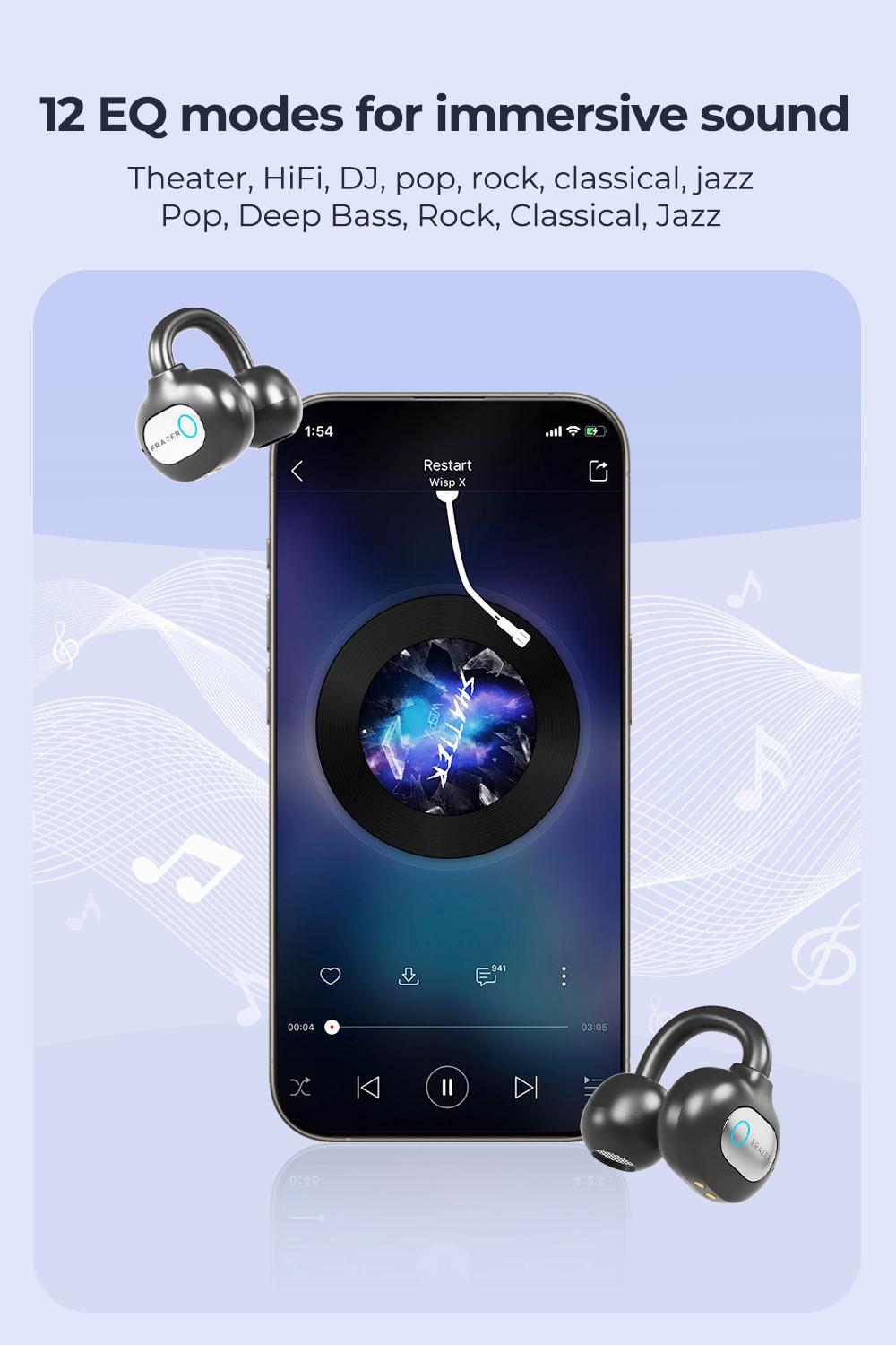 ERAZER XF50 AI Translation Earphones, Hi Fi Sound Quality, 134 Language Translations, Ultra Light Wear, IPX5 Anti Sweat, Waterproof, Stable and Durable Clip on Earphone Strap APP Suitable for Travel and Learning