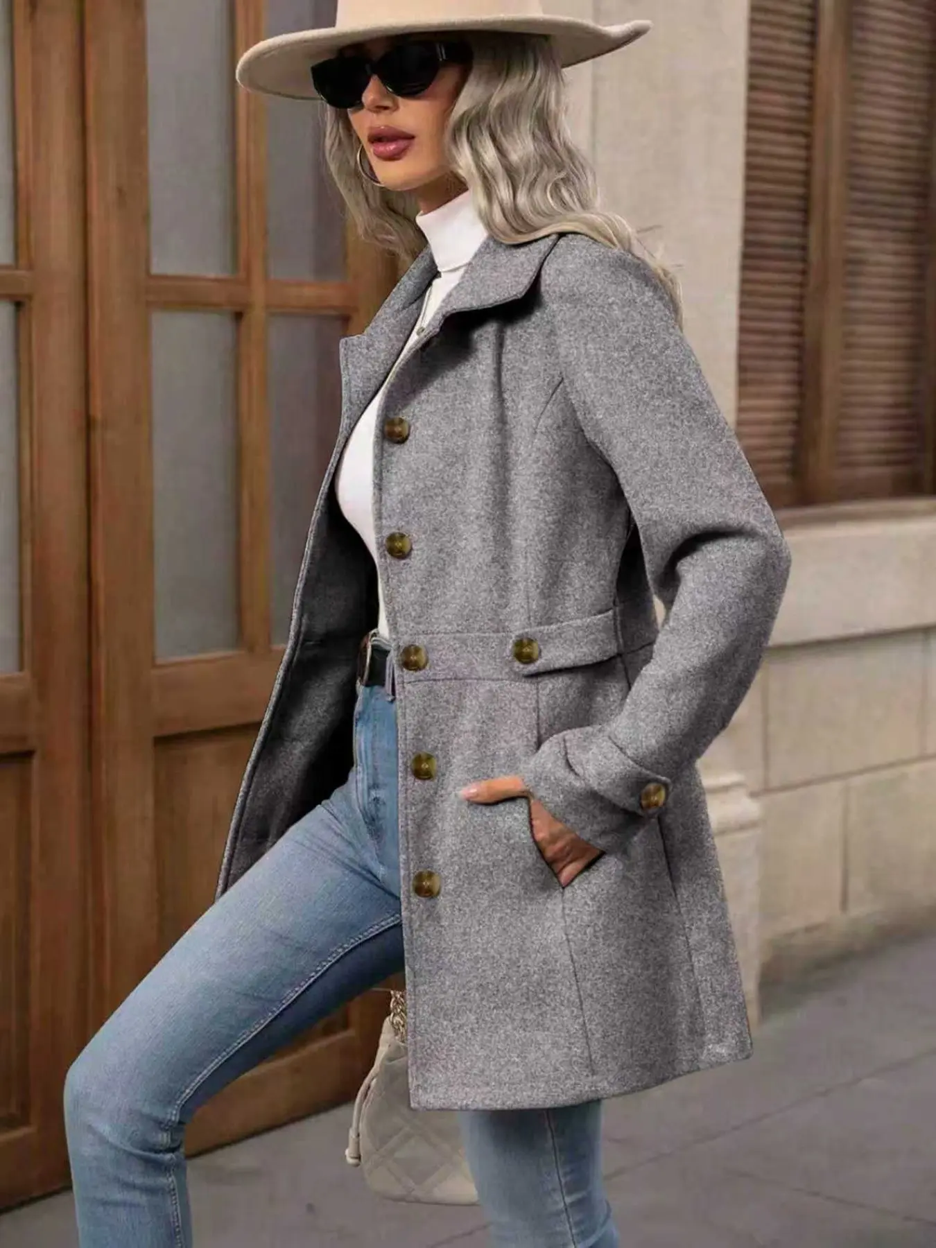 Women Lapel Collar Mid Length Woolen Coat, Single Breasted Button Down Casual Overcoat, Waist Tab Detail Long Sleeve Solid Color Outerwear, Fall Winter Elegant Office Daily Wear Jacket with Pockets