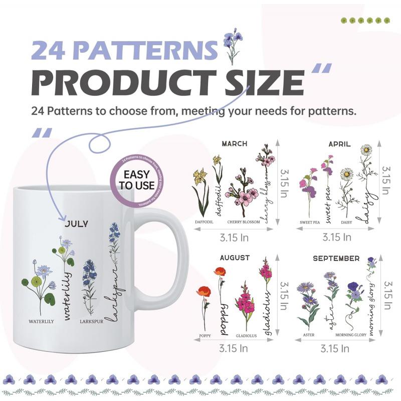 UV DTF Cup Wraps - 24 Sheets Birth Flowers by Month Uvdtf Tumbler Wrap for 16 oz Coffee Mugs, Roses Daisies Violets Transfer Stickers DIY Water Bottle Craft Decals Decoration Gift for Mom