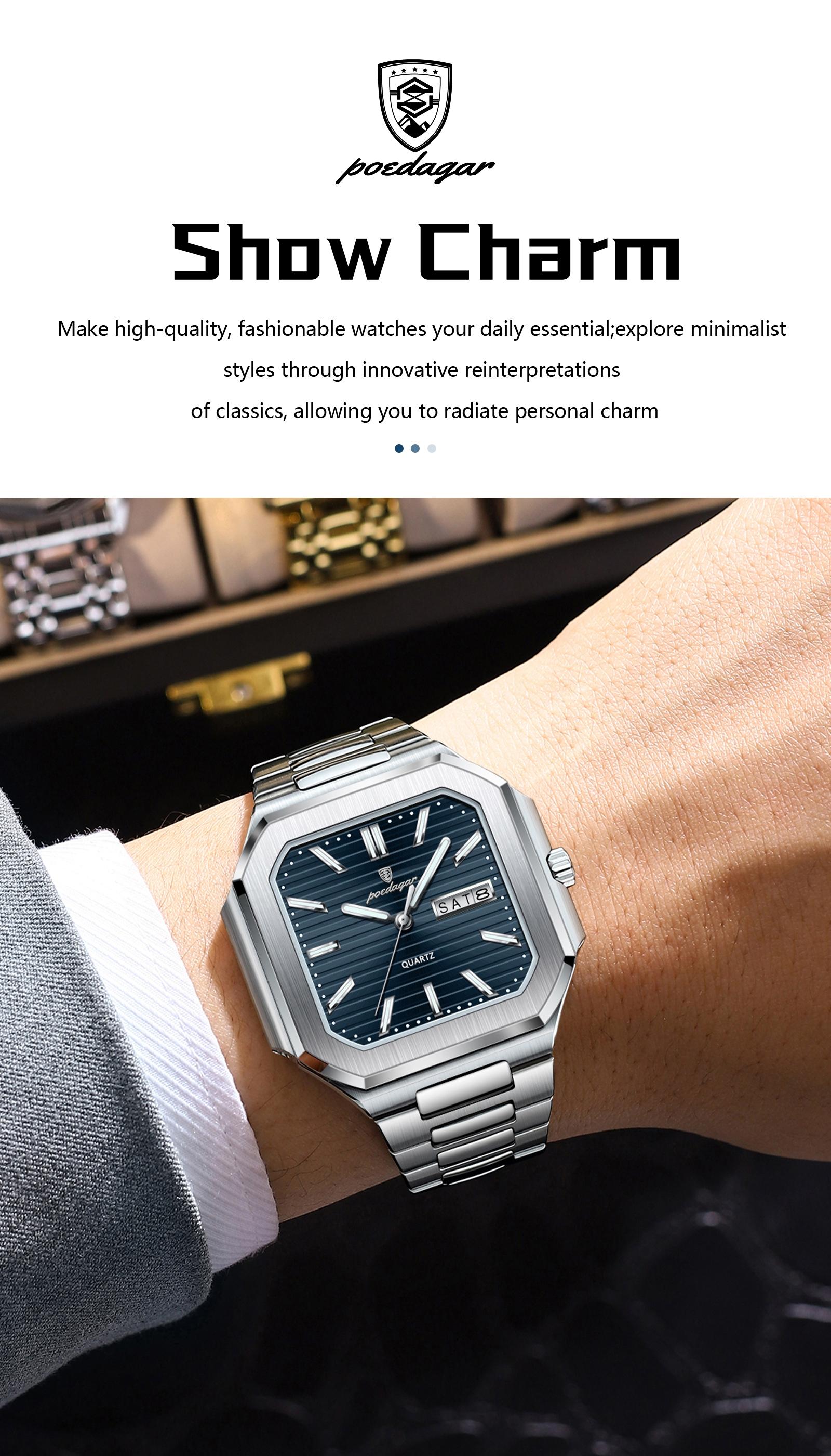 Poedagar square luxury fashion men's waterproof quartz watch, with luminous date and day display, stainless steel men's watch Square dial wristwatch