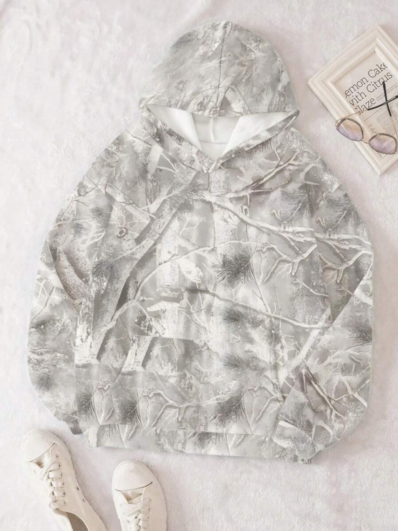 Women's Camo Hoodie Sweatshirt, Casual Everyday Oversized Loose-Fit Long Sleeve Pullover Piece, All-Over Print Design, Perfect for Spring & Fall, Womenswear Tops