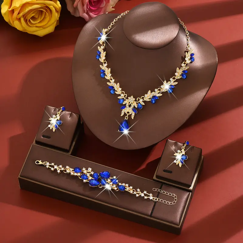 Eco-Friendly Fashion Jewelry Set - Shimmering, Stylish Flowers Crystal Water Drop Bridal Necklace, Earrings & Bracelet, Flowers Jewelry Sets, Shimmering Jewelry Sets