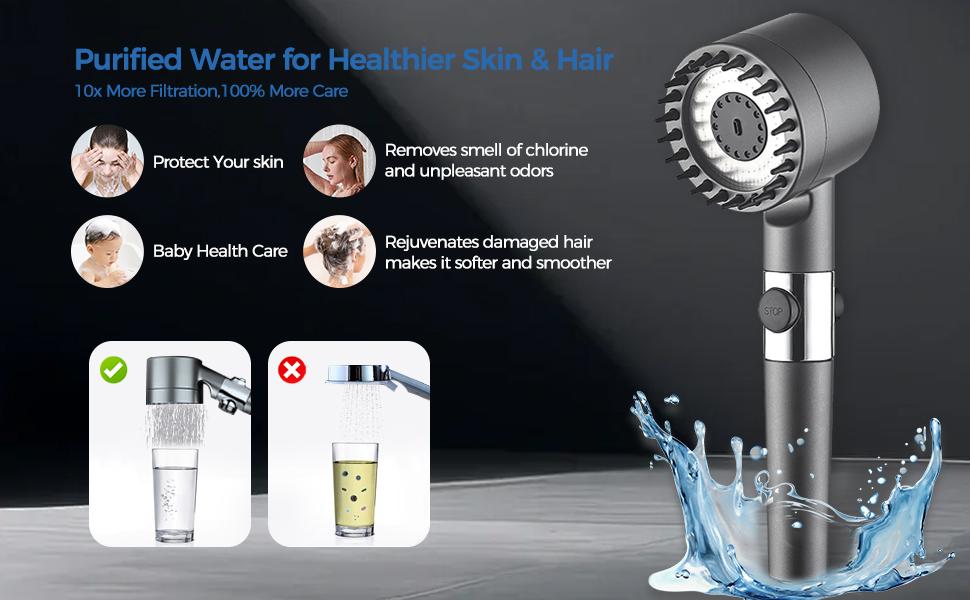 9-piece pressure showerhead, 3-speed adjustable bathroom portable shower massage, one-click water stop showerhead filter, stainless steel panel, universal interface, hose holder, filter element showerhead