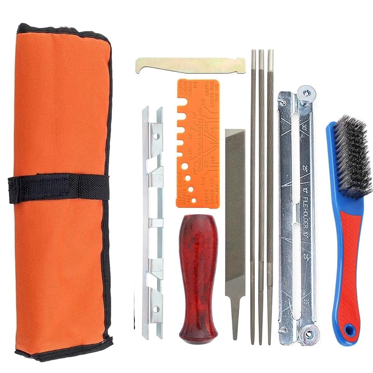 Universal Chainsaw Field 10pc Sharpening Kit - Includes 5/32", 3/16", and 7/32" Round Files, 6" Flat File, Handle, Filing Guide, and Travel Pouch
