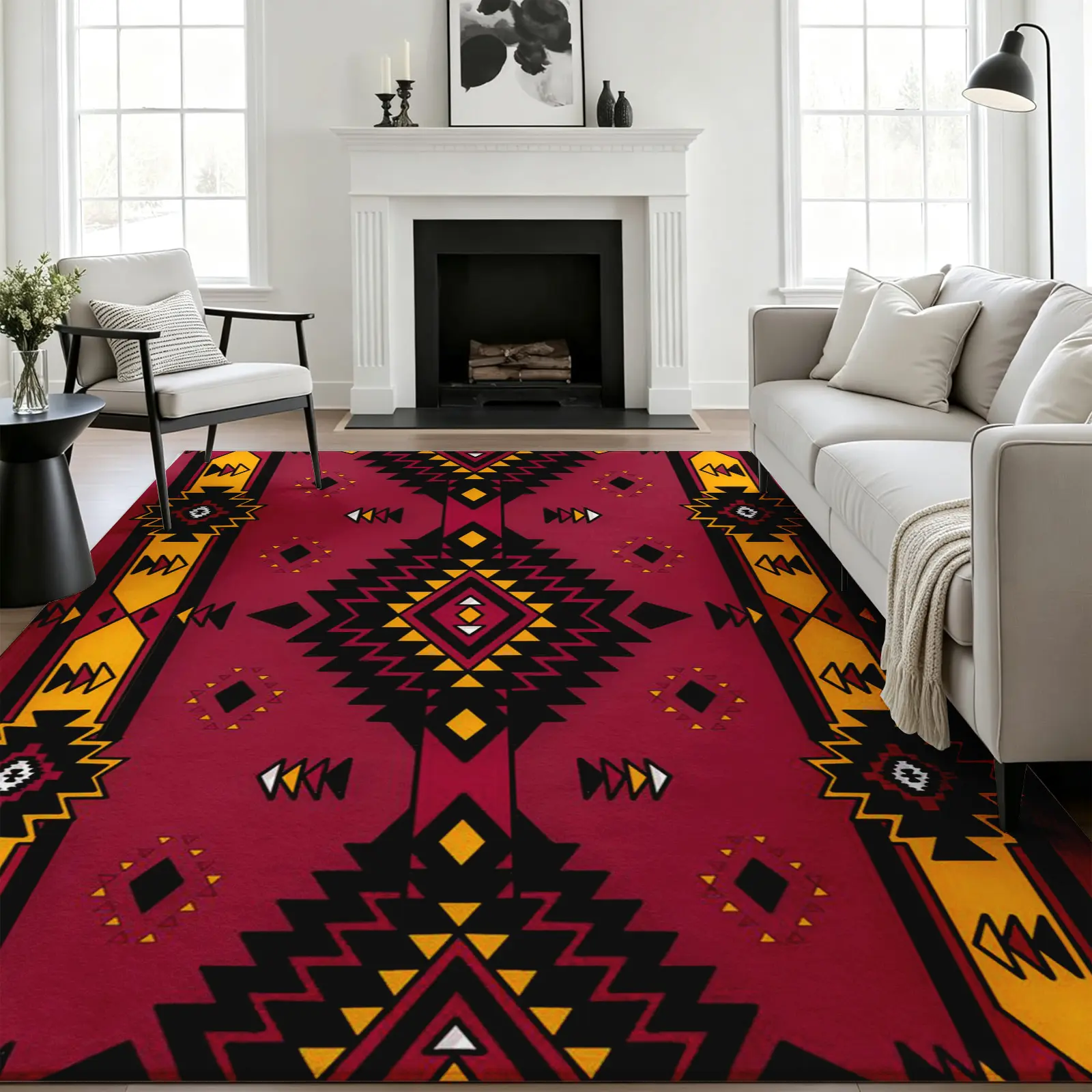 5x7ft Area Rug Bohemian Aztec Diamond Pattern in Crimson and Gold, Ultra-Soft Low-Pile Non-Slip Machine Washable Floor Rug, Colorful Artistic Home Decor for Living Room Dining Room Bedroom Office, Great New Home Housewarming Gift Home Decor