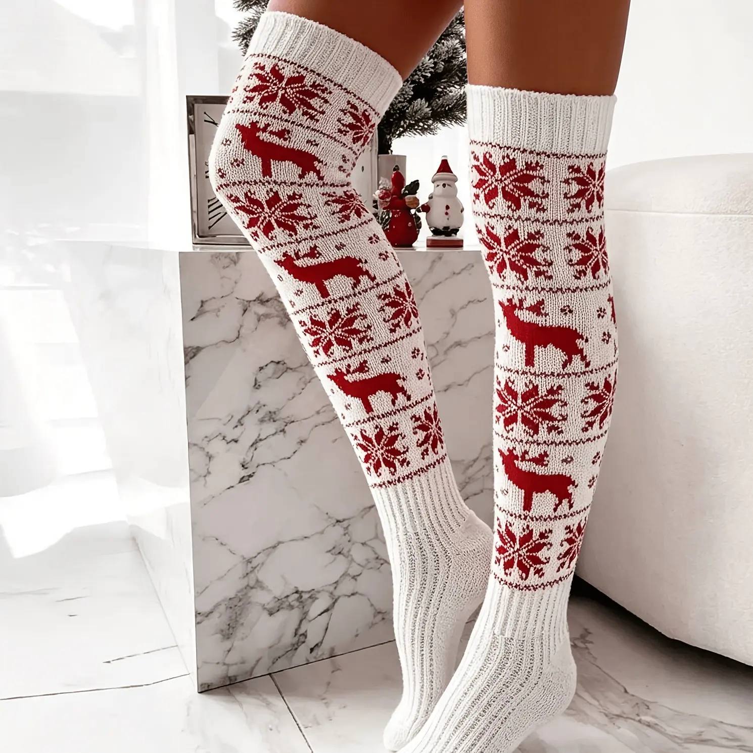 Women Christmas Reindeer Snowflake Over The Knee Thigh High Socks, Halloween Holiday Party Cosplay Costume Long Stockings, Warm Soft Casual Daily Wear Winter Socks