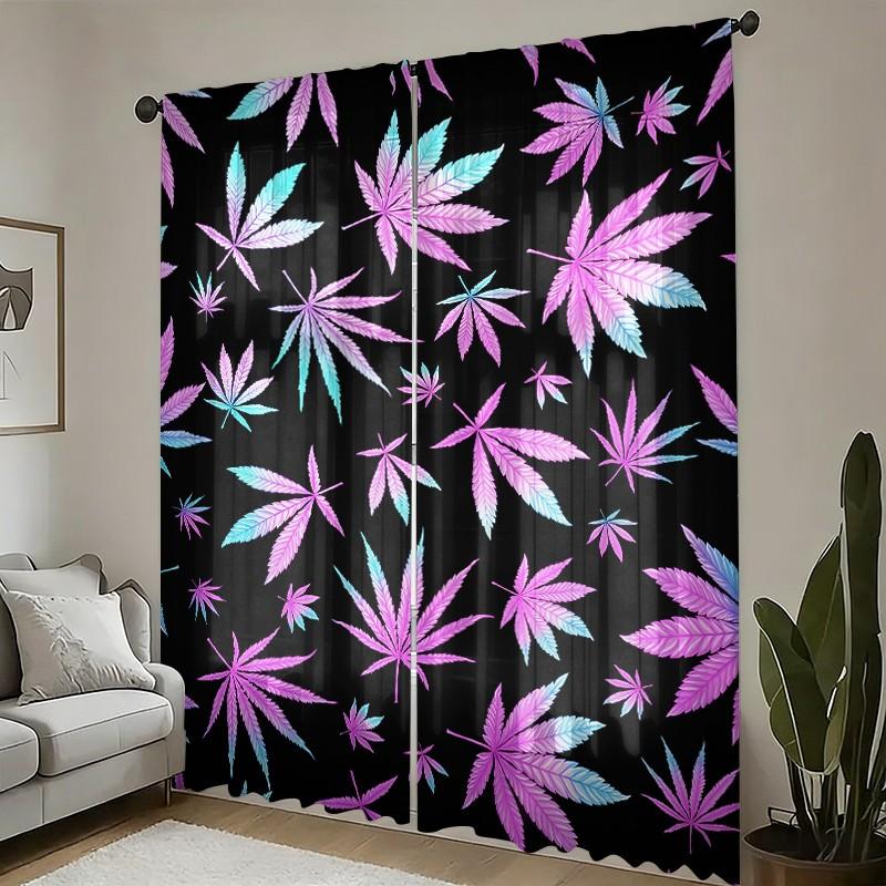 2 pieces of colorful maple leaf theme printed curtains, made of polyester with semi-transparent texture, machine washable, suitable for bedrooms, living rooms and home decoration curtains