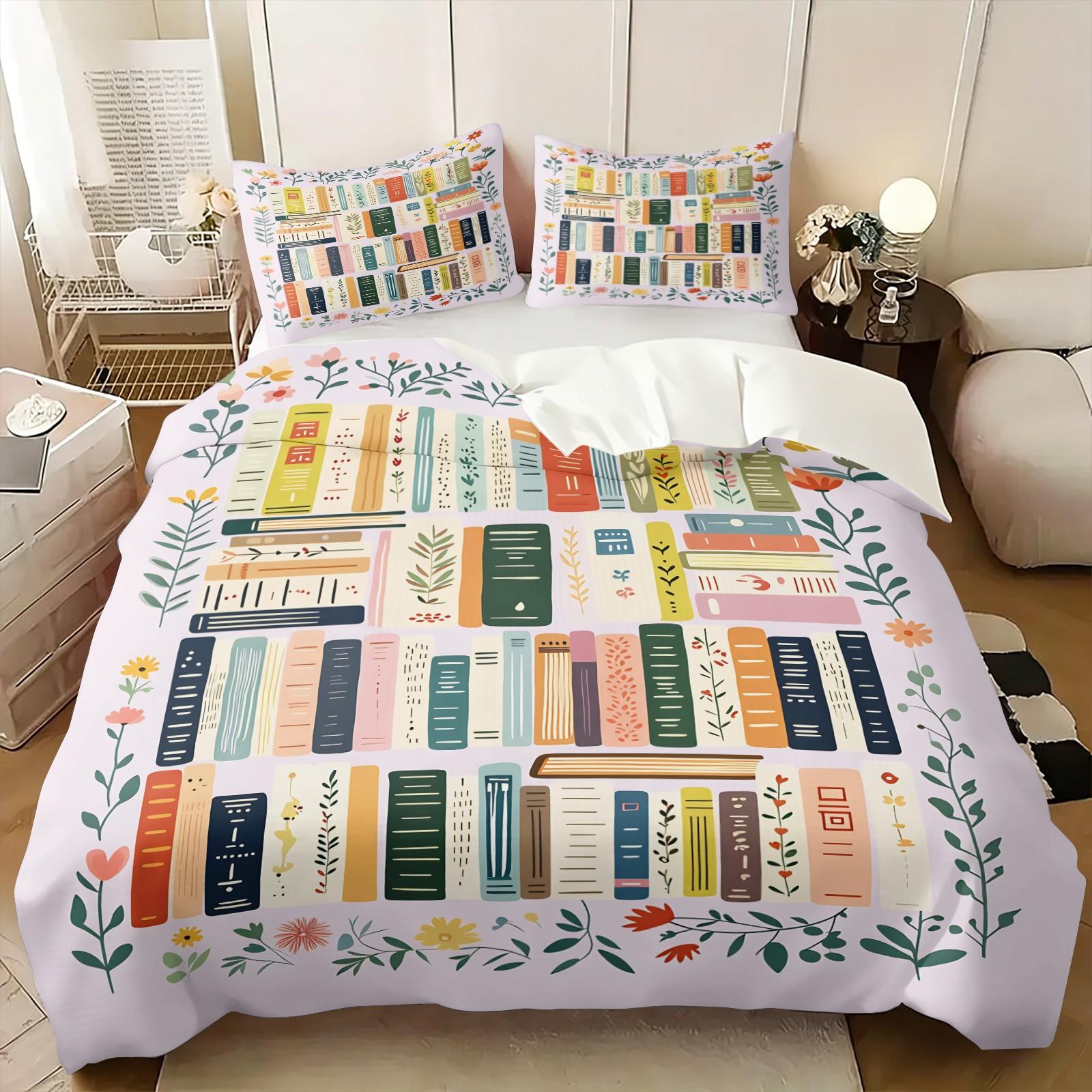 Aesthetic Bookworm Duvet Cover Set, Soft Breathable Microfiber Bedding, Colorful Bookshelf Flower Print Comforter Cover, Bedroom Decor, Perfect Gift for Book Enthusiasts, Includes 1 Quilt Cover & 1-2 Pillowcase