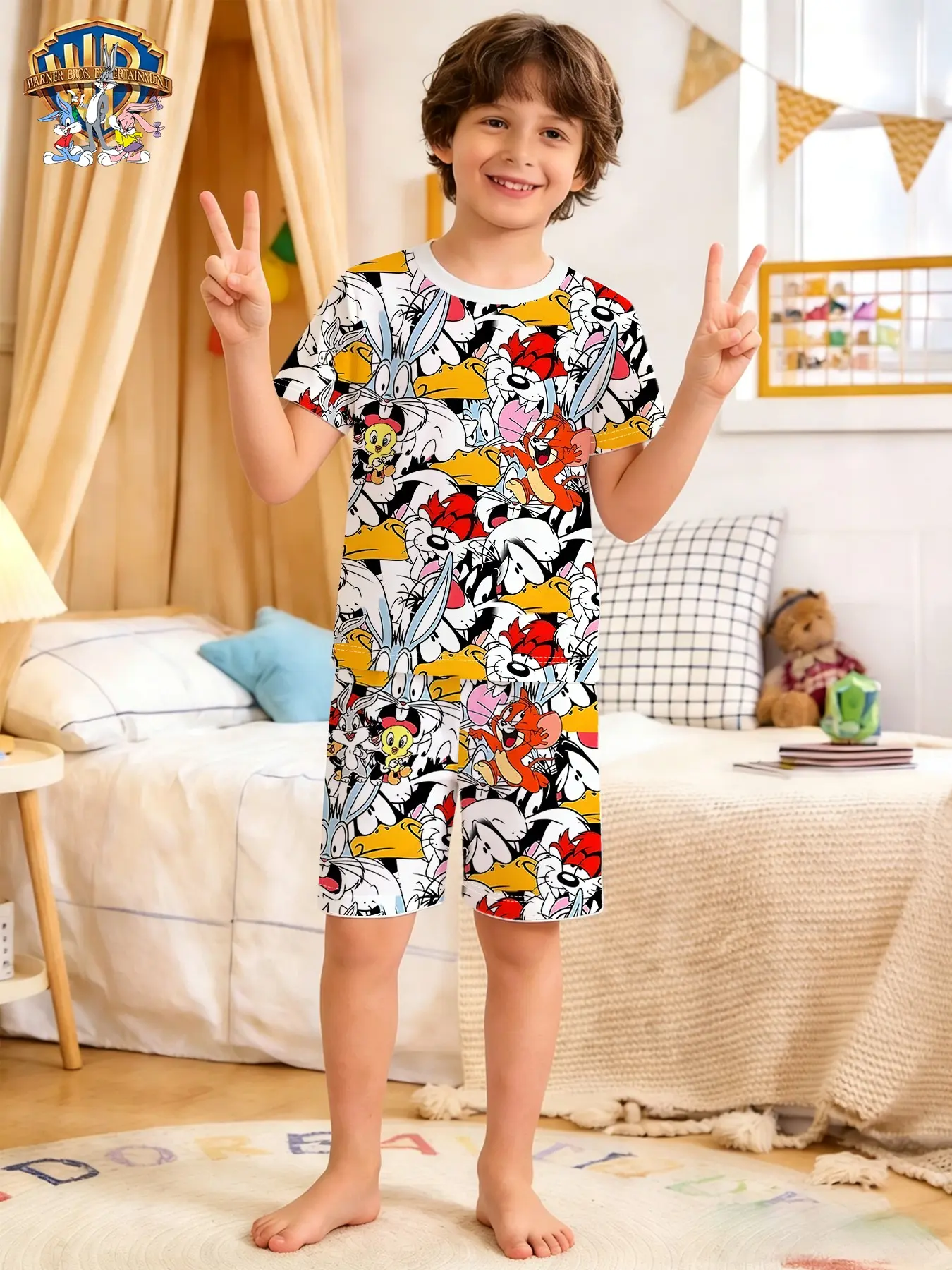 Wb Official Looney Tunes Kids Short Sleeve Pajama Set, Colorblock Character Prints, Summer Home Wear, Birthday Gift, Unisex, Sibling Matching