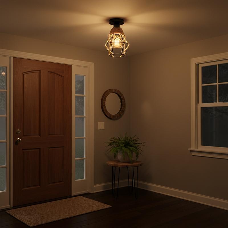 Hemp Rope Ceiling Light, Embedded Ceiling Lamp, E27 Socket, Hardwired, Rustic Metal Fixture, for Entryway, Hallway, Kitchen, Bedroom, Study