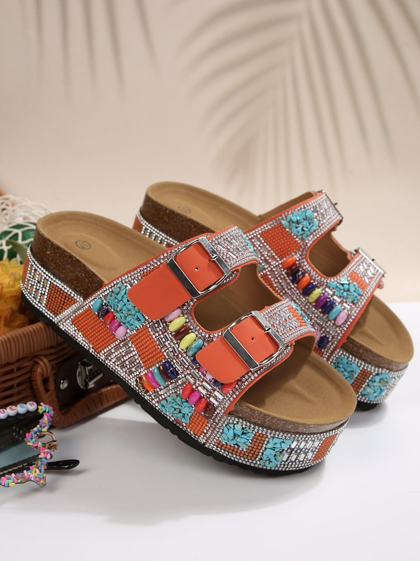 Women's Pearl and Sequin Decorated Flat Sandals, Fashionable Summer Shoes, Casual Open-Toe Walking Shoes, Back-To-School Essential, Footwear, Fashionable Slide Sandals