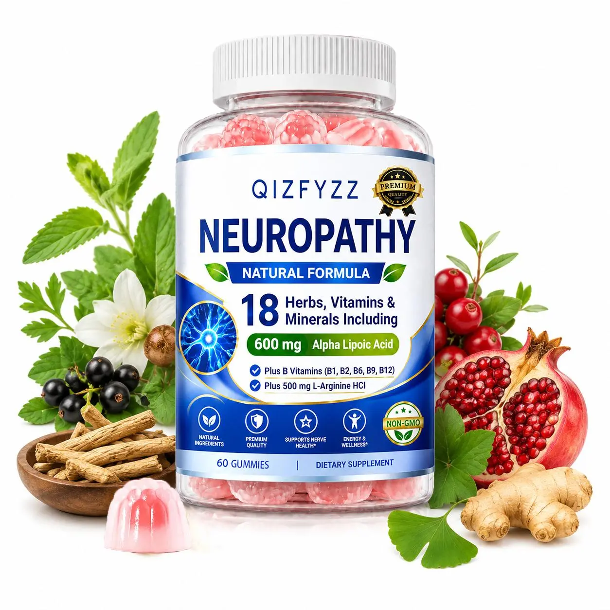 Neuropathy Support Gummies with 600mg Alpha Lipoic Acid – Advanced Nerve Support Formula for Feet, Hands, Fingers & Legs – 18-in-1 Vitamins & Herbal Blend – 60 Gummies