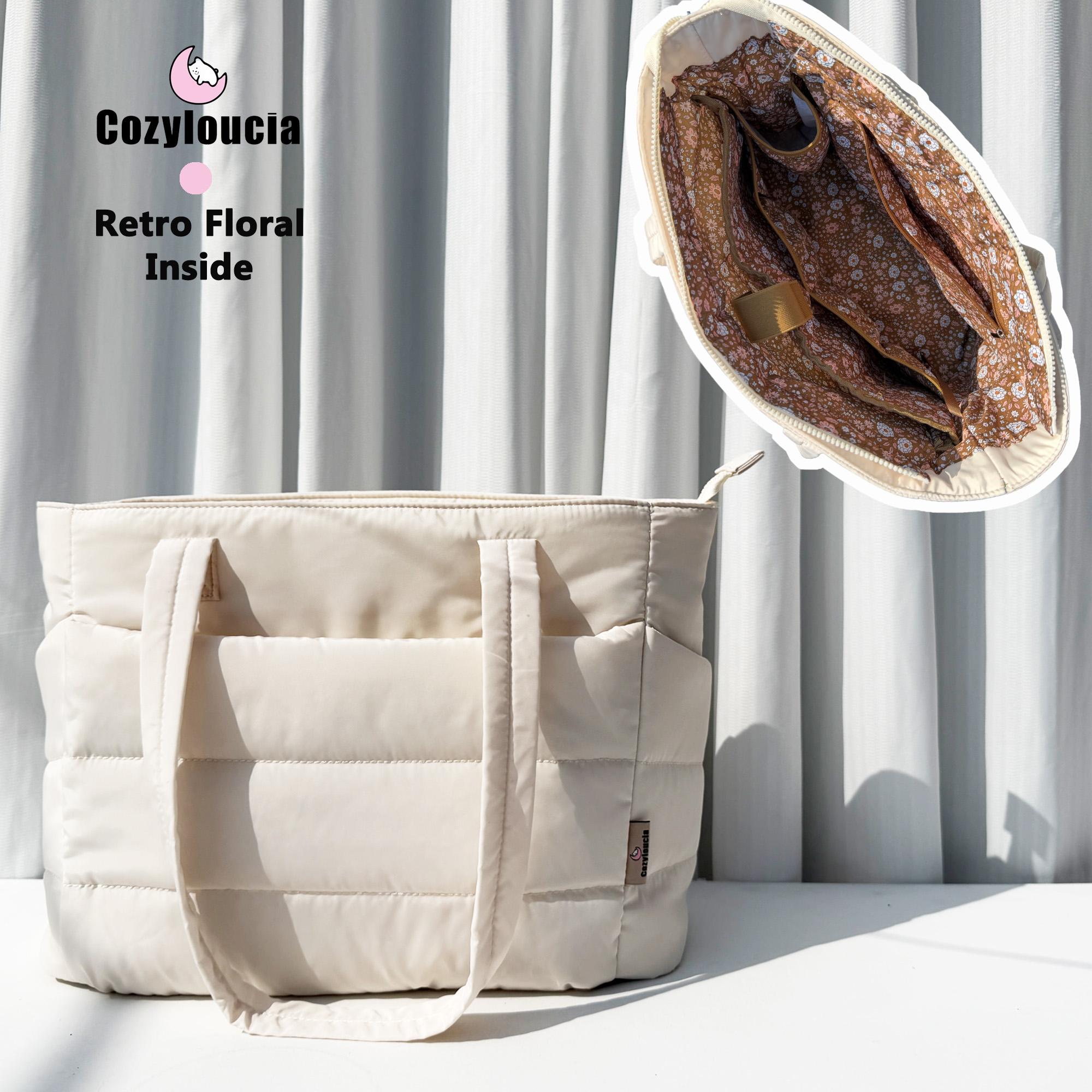 CozyLoucia Cute Puffer Tote Bag for Women Pink Flower Print Interior Laptop Shoulder Handbag, Lightweight Best Tote Bag for Work with Multiple Compartments for Travel , Work  and School ,Christmas Gift Ideas