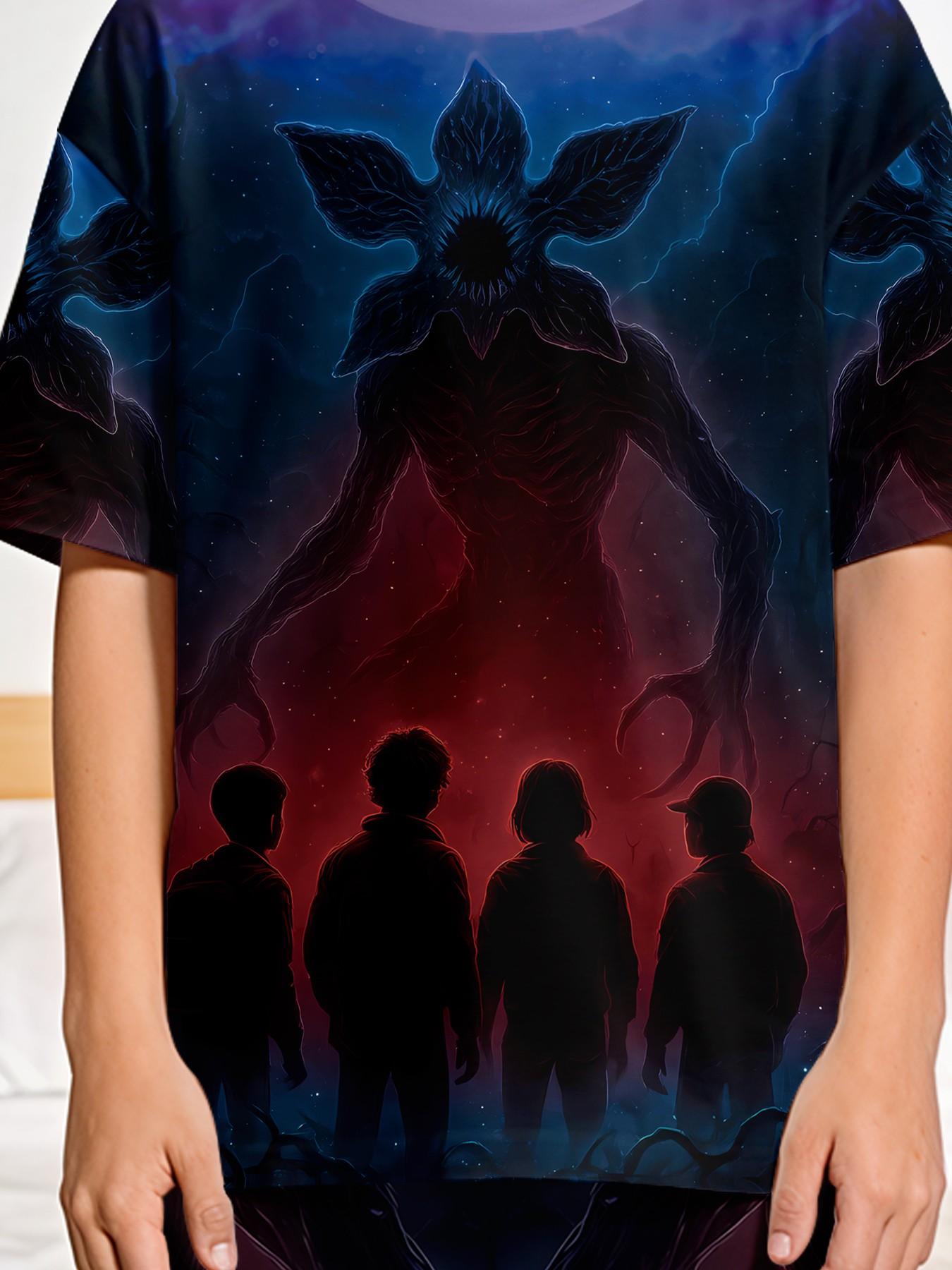 Stylish 2-piece Shadow Monster boys' short-sleeve pajama set with digital print, including an extended sleep pants. Fashionable, casual, comfortable and soft loungewear set, suitable for boys' sleep and home leisure, a perfect gift for boys.