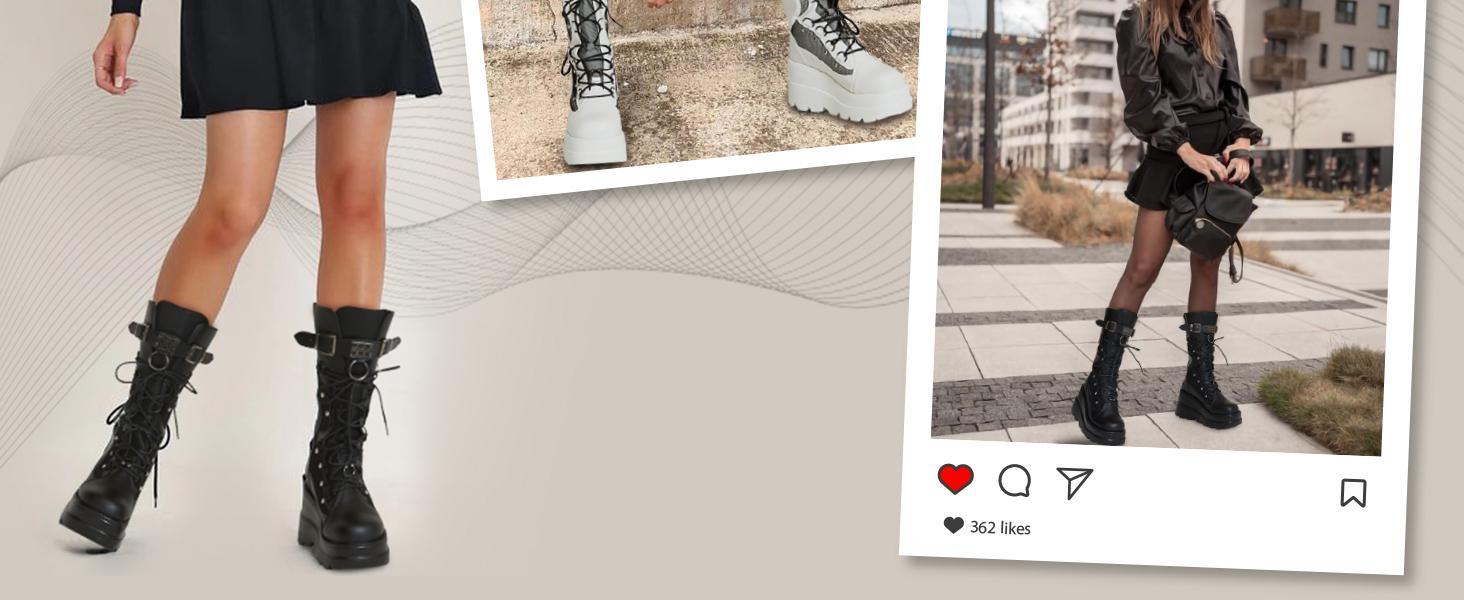 Goth Boots Holographic Combat Platform Boots for Women Knee High | Rave Style Mid Calf Boots, Lightweight Wedge Boots, Lace Up & Zipper Closure, Wide Toe Box, All-Day Comfort Wear for Concert