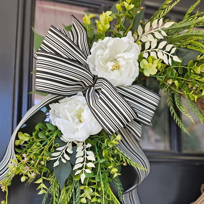 16-Inch Artificial Camellia Grapevine Wreath, Realistic Greenery Front Door Wreath with Striped Bow, Perfect for All-Season Farmhouse Decor