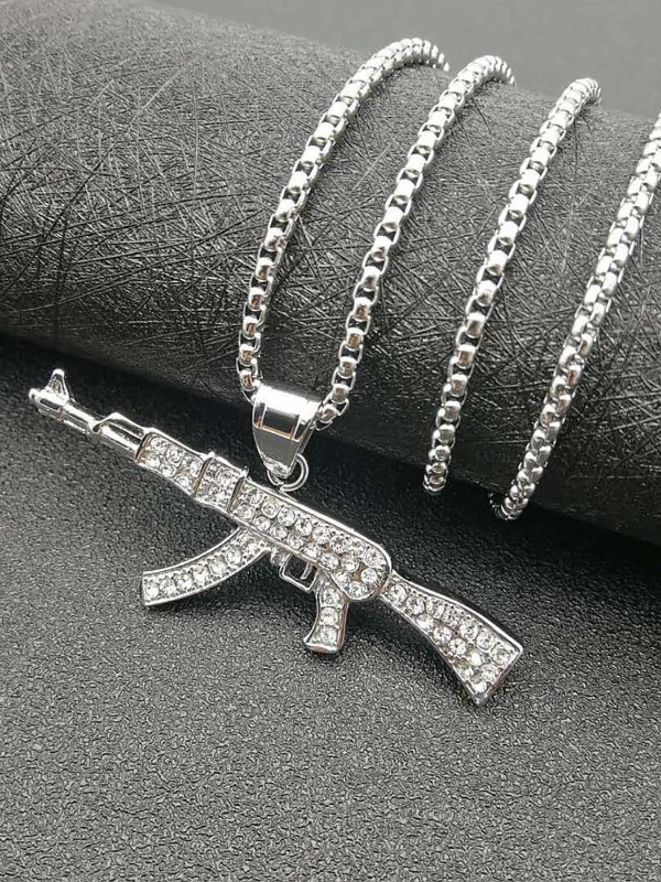 Trendy Hip Hop Jewelry, Titanium Steel Gold Plated Rhinestone Ak47 Pendant Necklace, Stylish Accessory for Men and Women