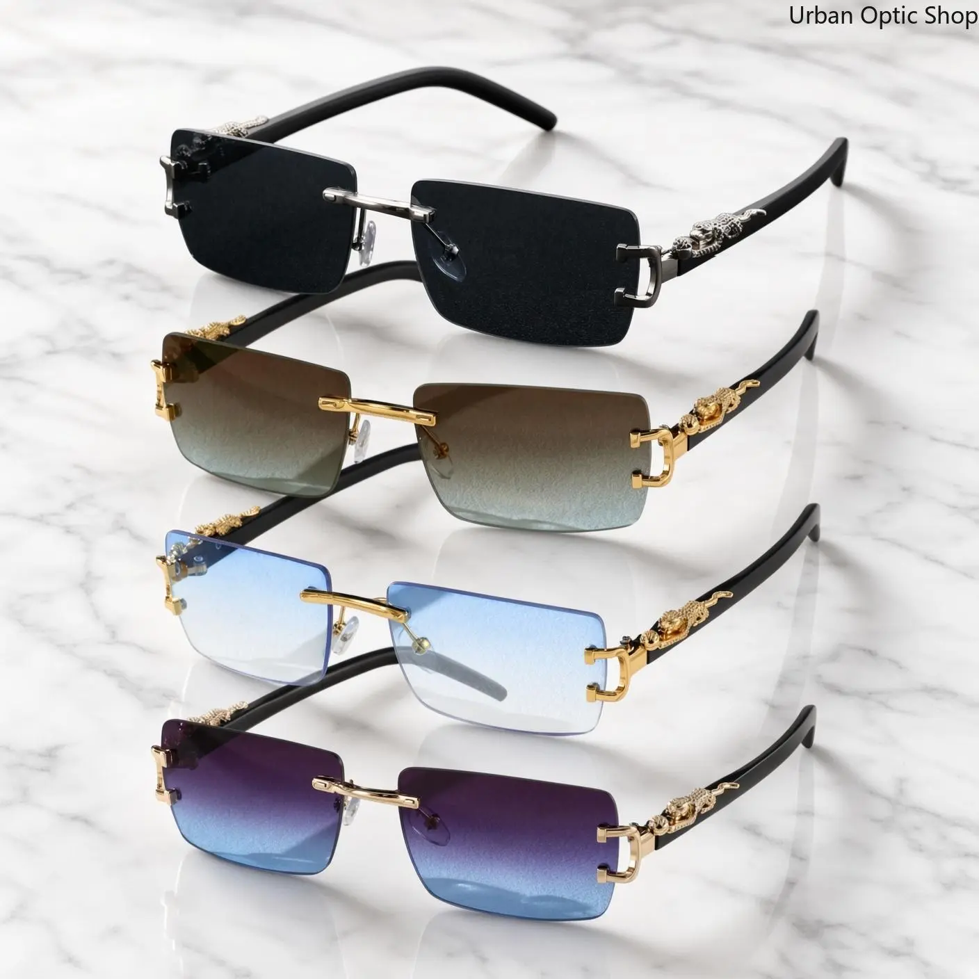 Rimless Rectangle Sunglasses for Women, Luxury Decorative Metal Temple UV400 Gradient Lens Eyewear, Trendy Frameless Sun Glasses for Party Daily Driving