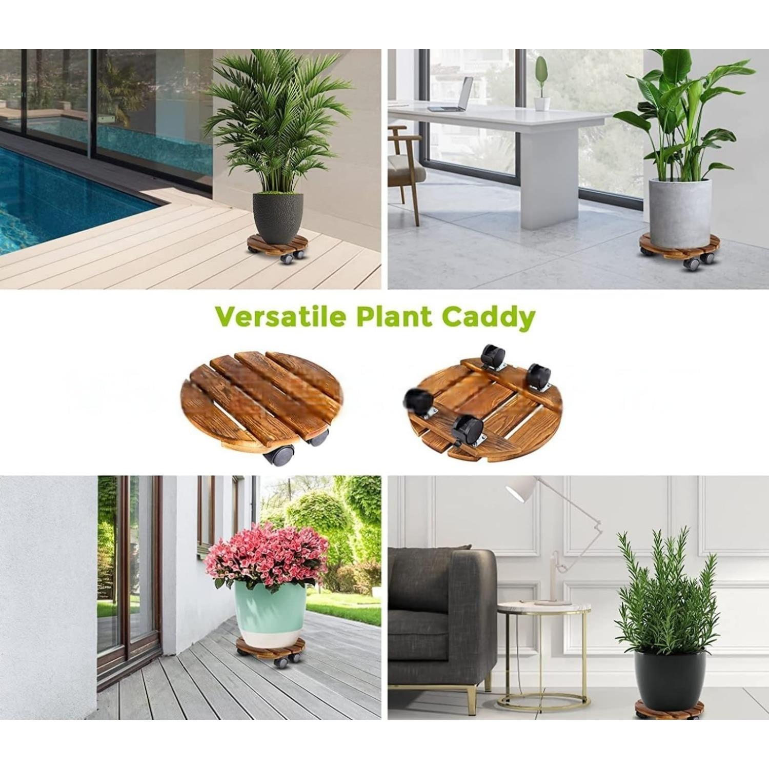 1pack Plant Caddy with Wheels, Rolling Plant Stand 220 LB Heavy Duty Wooden Round Plant Dolly with 360° Lockable Caster Wheels for Outdoor Indoor Large Plant Pots, Flower Pot, Patio