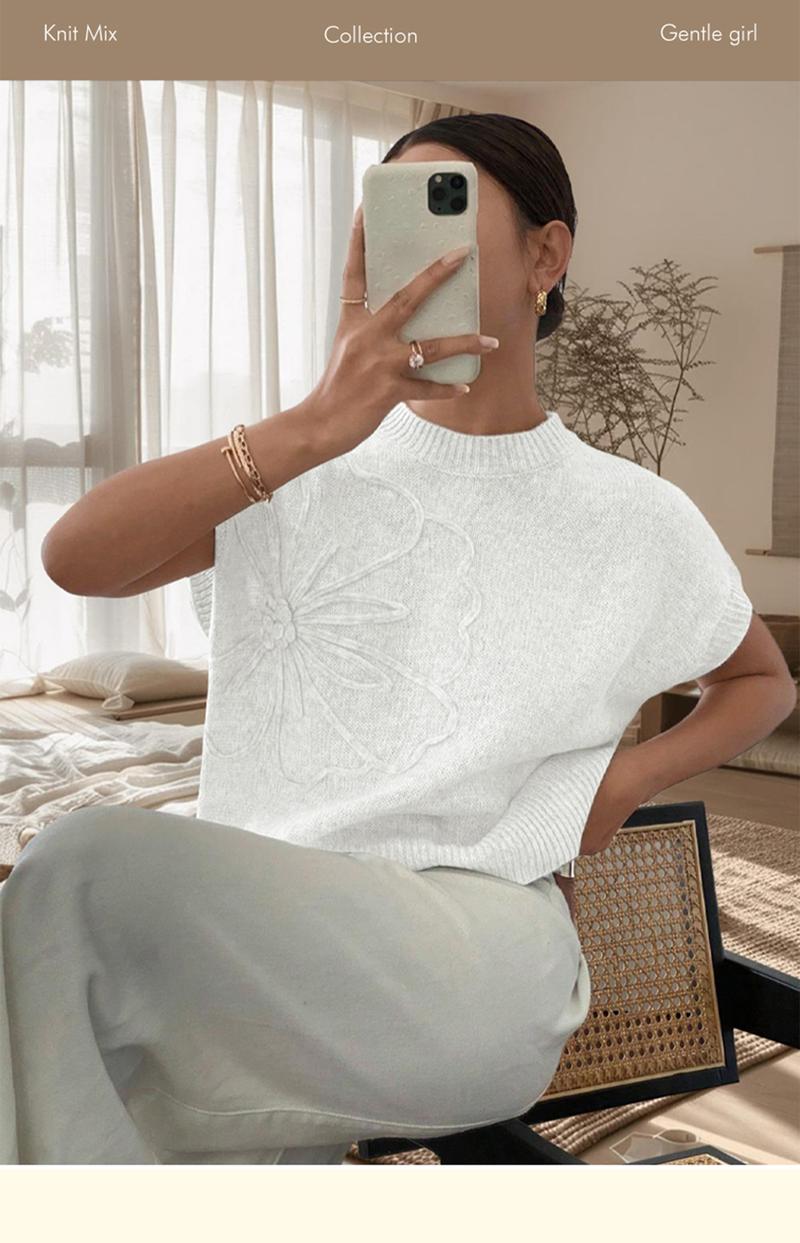 Women's Plain Flower Jacquard Semi-sheer Cable Knit Top, Casual Sleeveless V Neck Knitwear for Daily Wear, Ladies Clothes for All Seasons