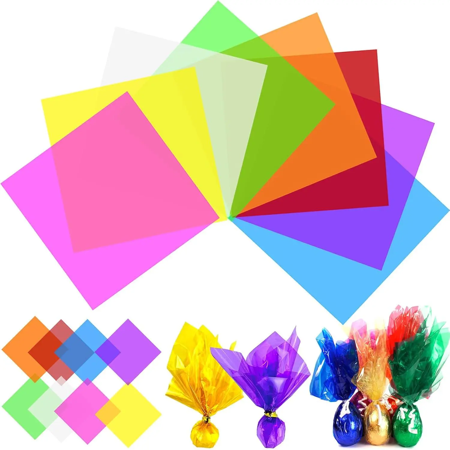 120 count Colored Cellophane Sheets,Transparent Plastic Sheets,Cellophane Wrap,7.48x7.48 Inches - For DIY Crafts,Gel Light Filters,Art Projects,Light Decorations,Candy Packaging,Window Decorations