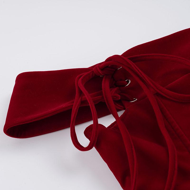 Elegant Banquet Style Solid Wine Red Off-Shoulder Bow Panel Dress. Sleeveless Cold-Shoulder Tie-Waist A-Line Mini Skirt. Perfect for Birthday Formal Occasion Puff Party Dress.