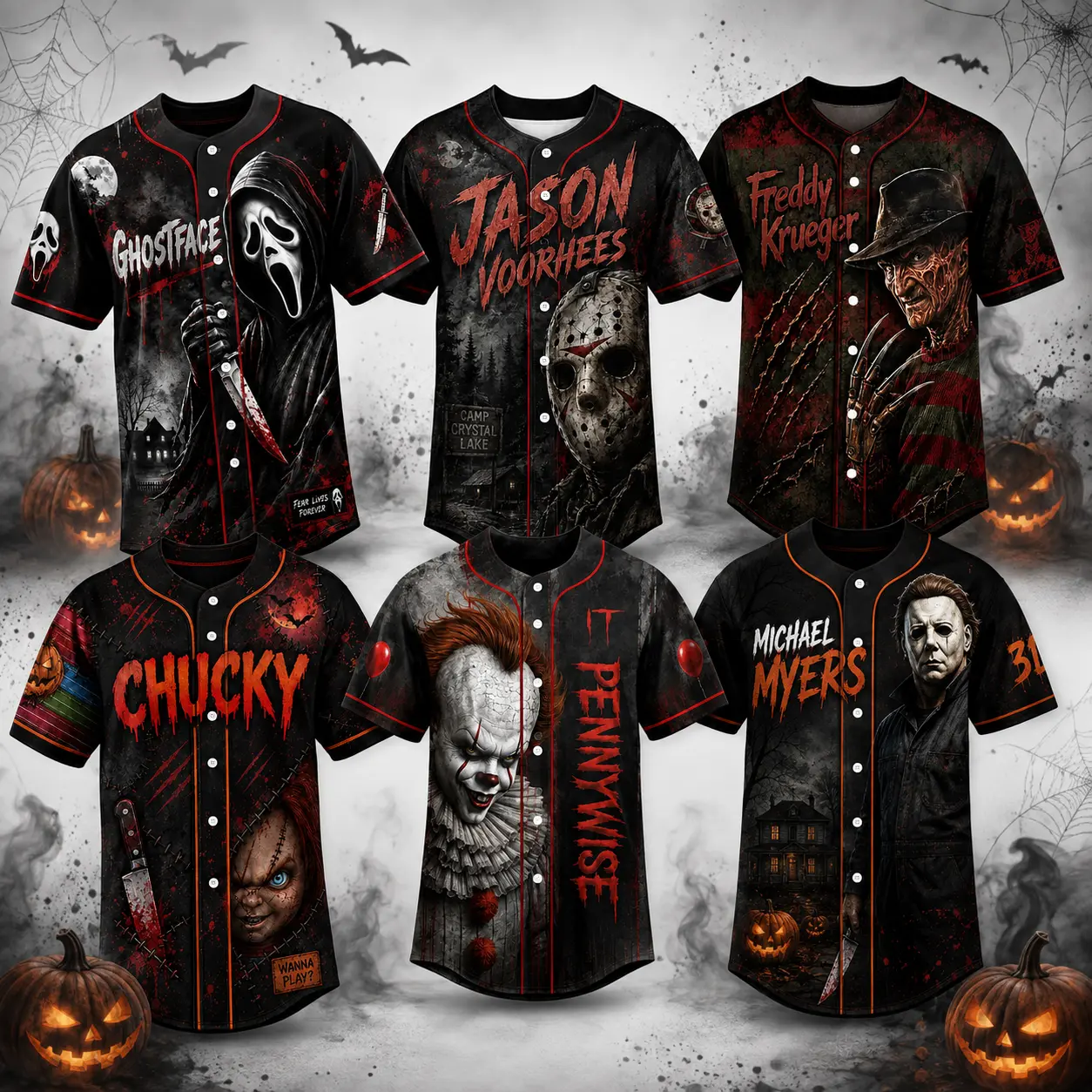 Horror Slasher Baseball Jersey for Adults Youth, Classic Horror Movie Characters Shirt, Spooky Squad Halloween Uniform, Halloween Party Costumes, Halloween Gifts