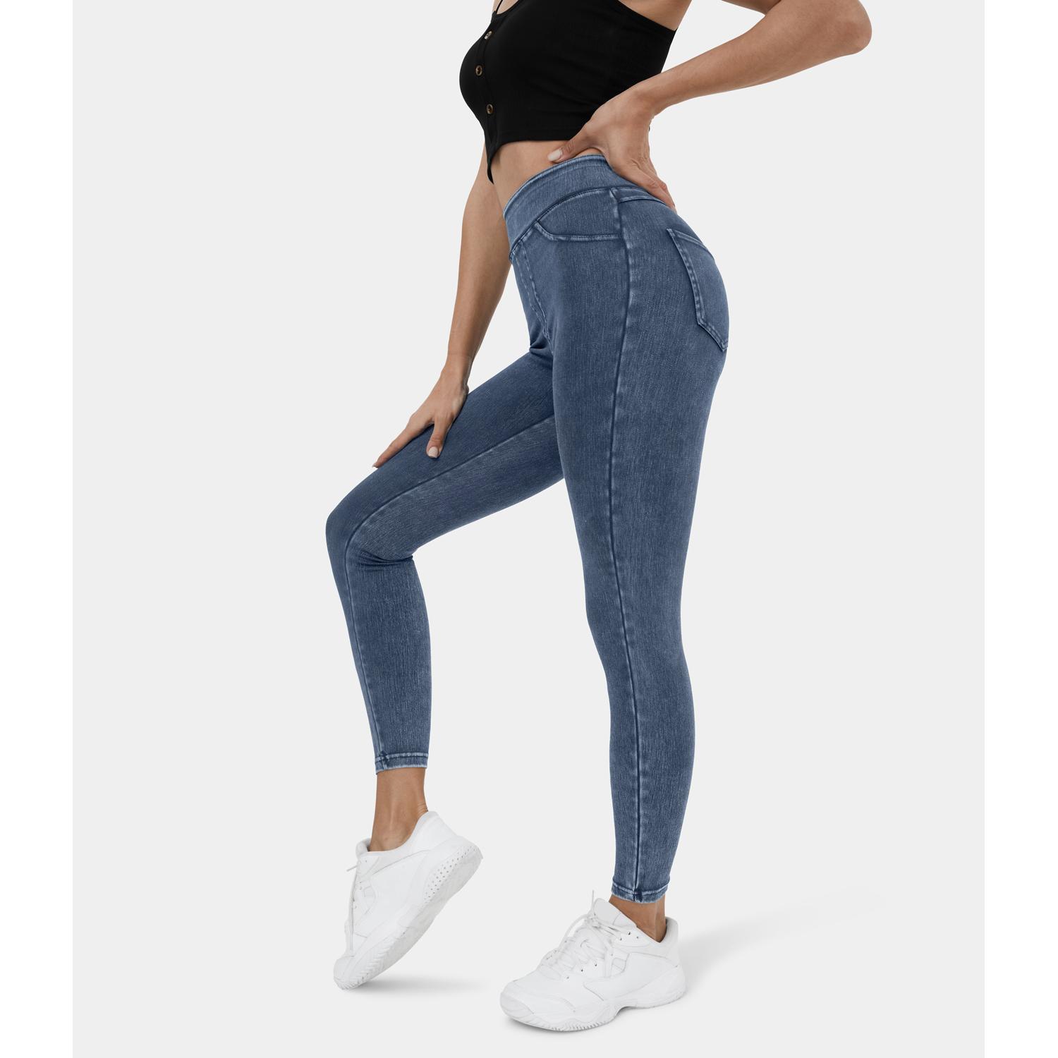 Halara Flex High Waisted Back Side Pocket Stretchy Knit Denim Casual Leggings#outdoorfun